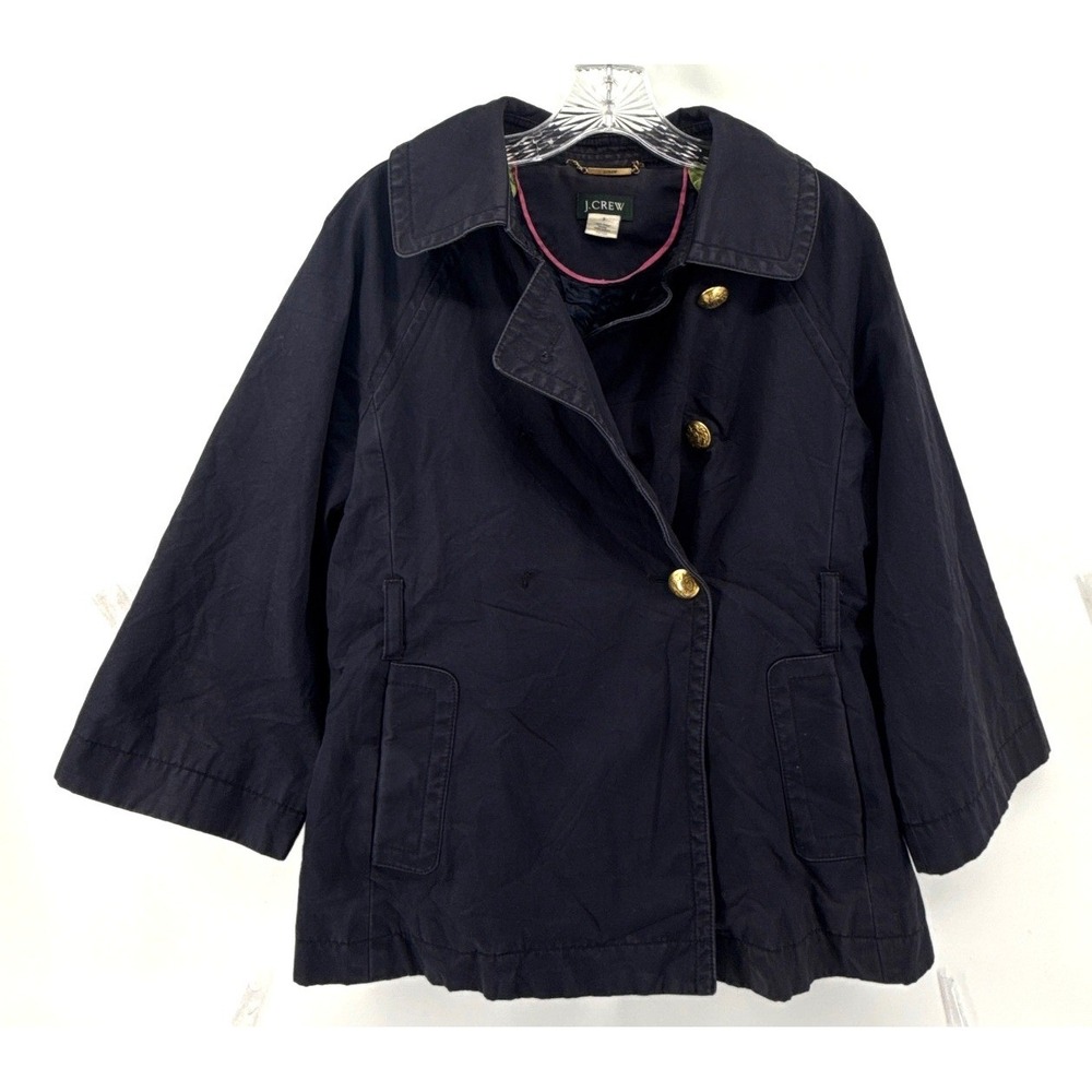 J.Crew Navy Blue Cotton Double Breasted Trench Coat Gold Buttons Size 8